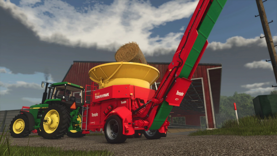 Teagle Tomahawk C120 mod in FS25 with a bale, depicting farming equipment in action.