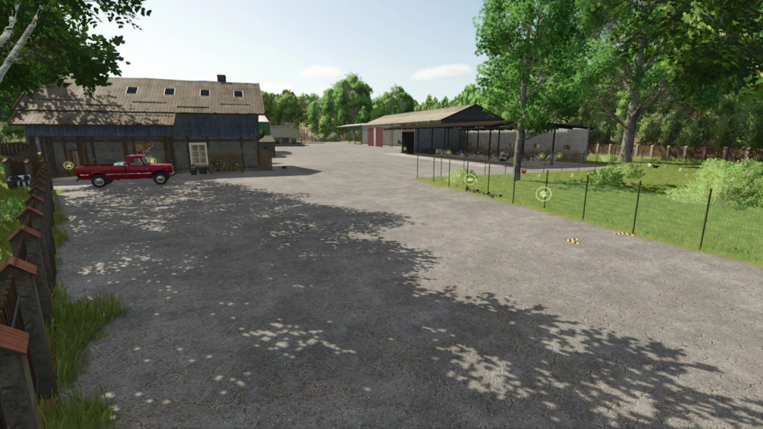 FS25 mod 'The Memory v1.0.0.0' featuring a farmyard with buildings, trees, and a vintage red truck.