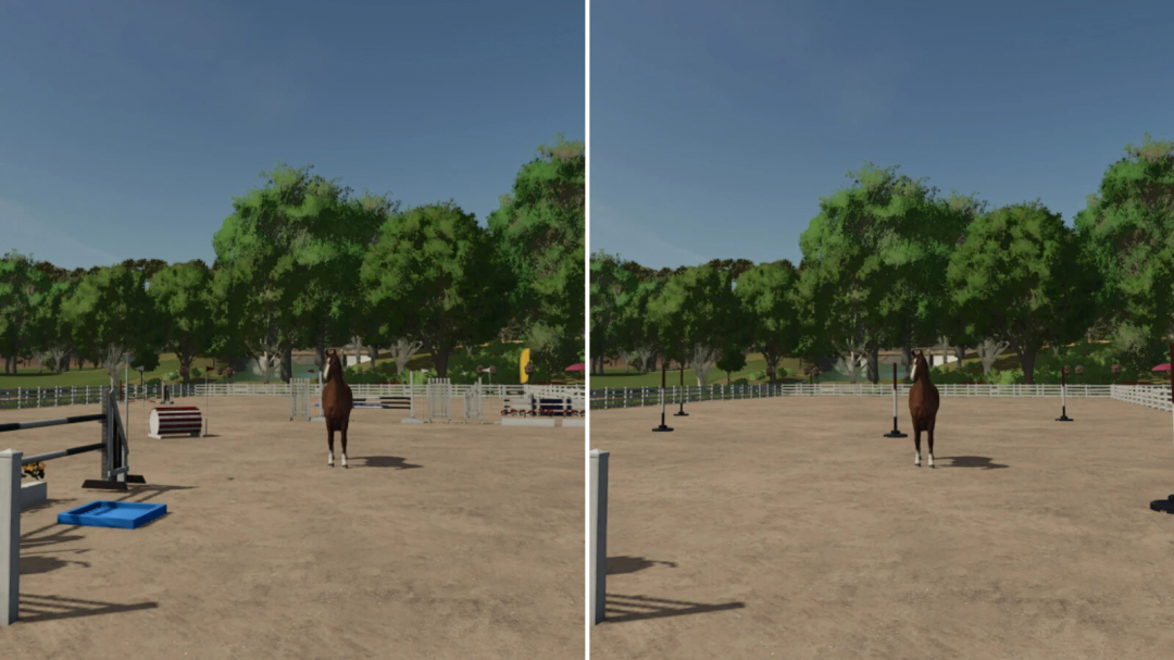 Horse standing in a fenced arena with trees in the background in FS25 mod 'The Memory v1.0.0.0'.