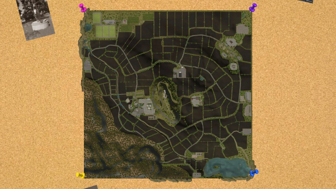 Map layout of 'The Memory' mod in FS25, showing intricate farm fields and routes.