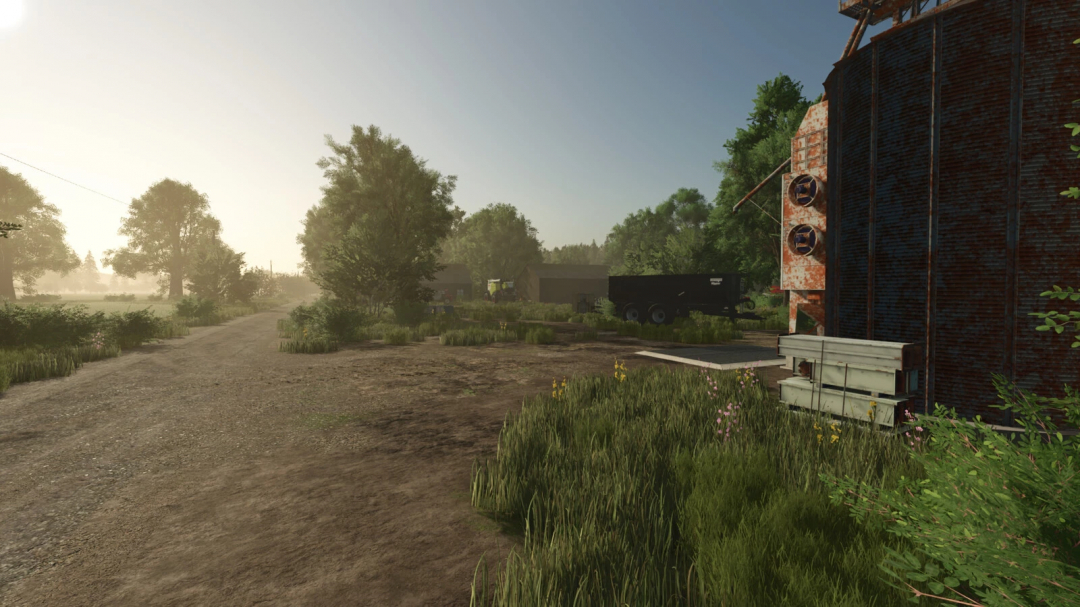 Tässi Farm mod v1.0.0.0 in FS25, showcasing a dirt path and rustic farm buildings surrounded by lush greenery under a clear sky.