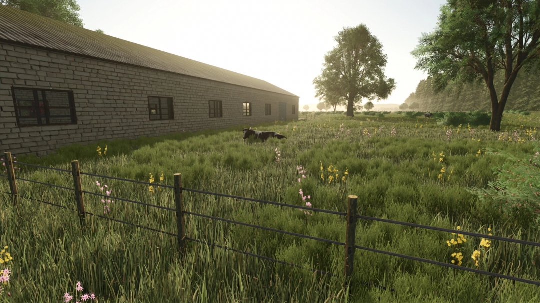 FS25 mod Tässi Farm v1.0.0.0: pasture with cow near brick barn and trees