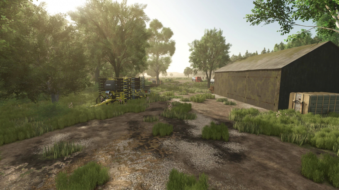 Tässi Farm mod for FS25 shows a serene farm scene with equipment, trees, and a barn.