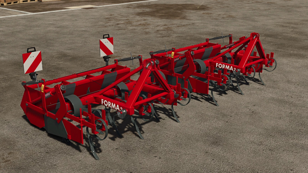 FS25 mod Unia Forma 2 v1.0.0.0, showing a red farming implement with multiple prongs on concrete.