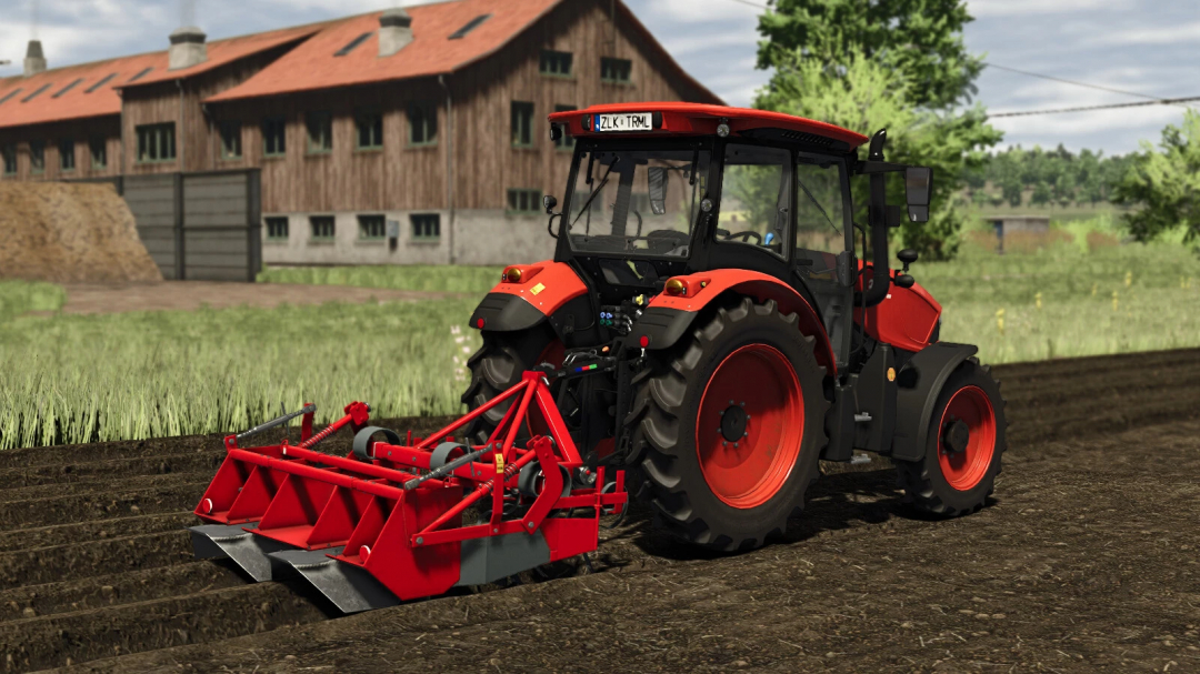 FS25 mod Unia Forma 2 v1.0.0.0, tractor plowing field near barn in Farming Simulator 25.