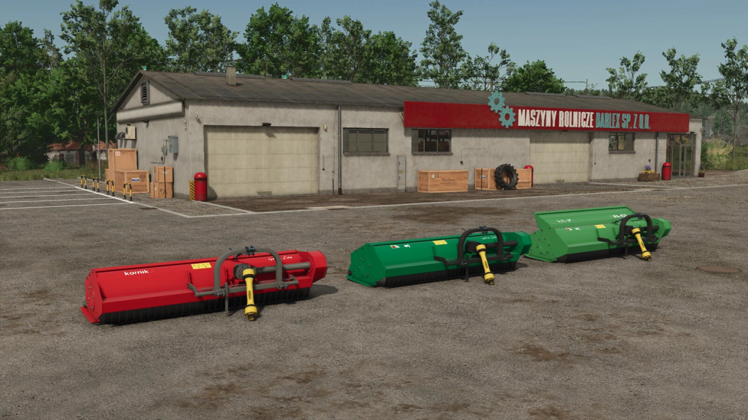 Unia Kornik XL 2.8 mod equipment outside a workshop in FS25.