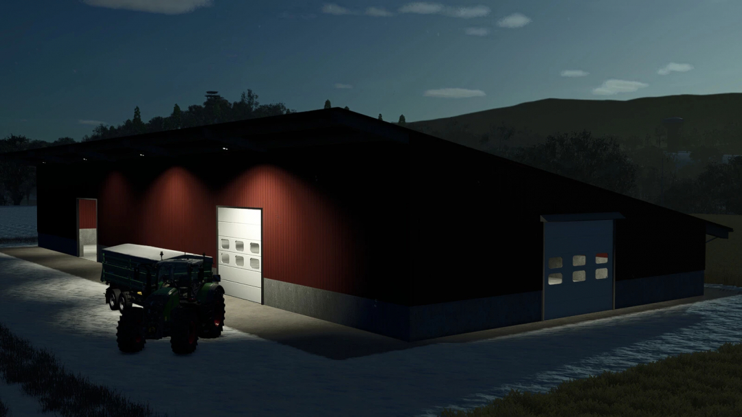 Night view of Vehicle Shed mod in FS25 with tractor parked outside, featuring illuminated red walls and large doors.