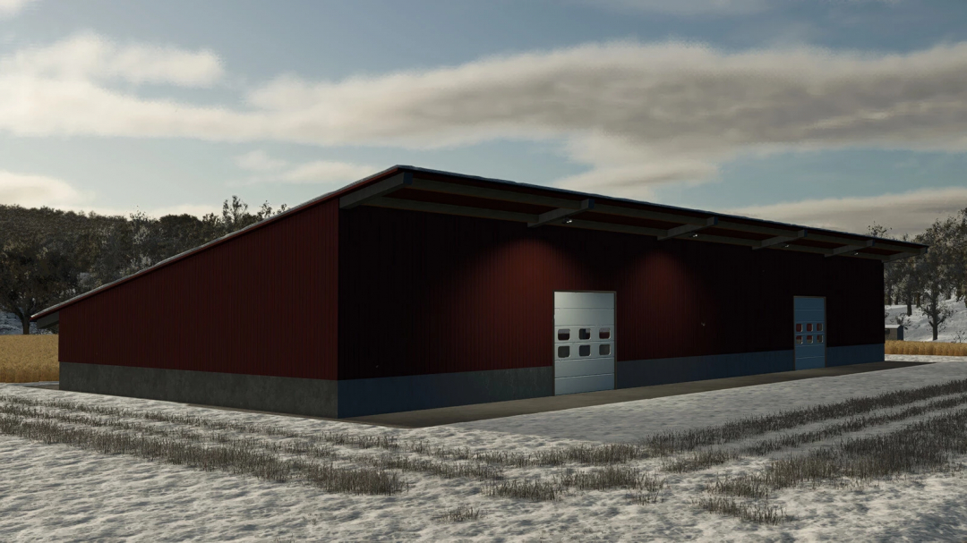 Vehicle shed mod in Farming Simulator 25 with snowy surroundings.