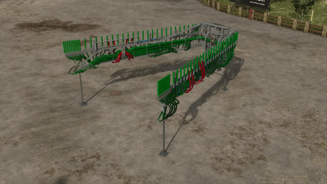 Vogelsang SwingMax 24 mod for FS25 displayed in a farm setting, featuring its green and red attachments.