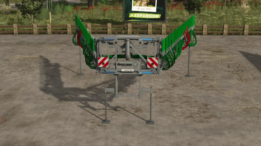 FS25 mod Vogelsang SwingMax 24 v1.0.0.0 in Farming Simulator 25, featuring green swinging arms with a detailed backdrop.