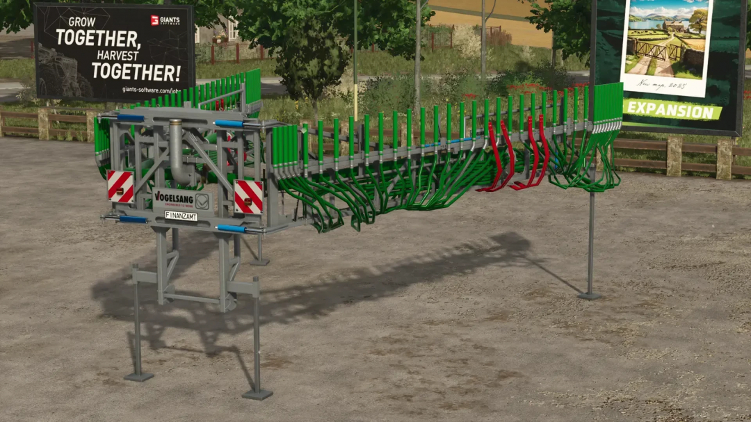 Vogelsang SwingMax 24 mod for FS25, featuring a large agricultural implement sited on a farm setting with promotional billboards in the background.