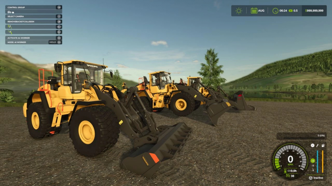 Volvo 180 Rock Bucket Edit mod in FS25, displaying three yellow loaders on gravel with scenic hills in background.