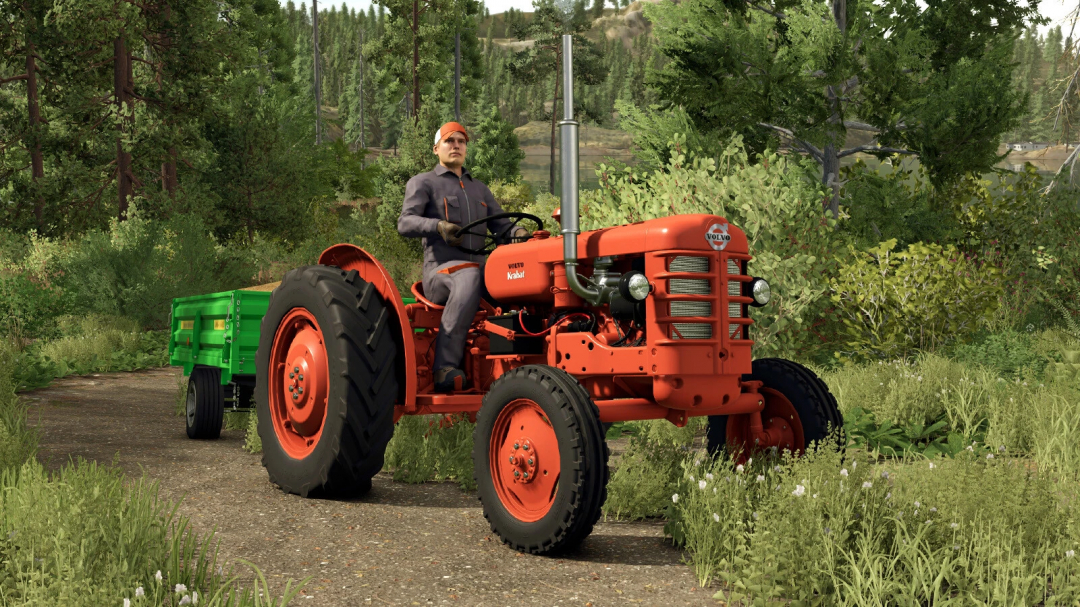 A red Volvo tractor with a green trailer in a scenic forest setting in Farming Simulator 25, featuring the Volvo Pack v1.0.0.0 mod.