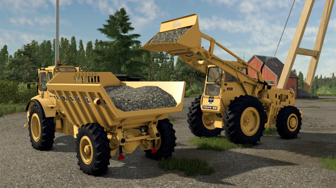 Volvo Pack v1.0.0.0 mod for Farming Simulator 25, featuring yellow dump and loader trucks filled with gravel.