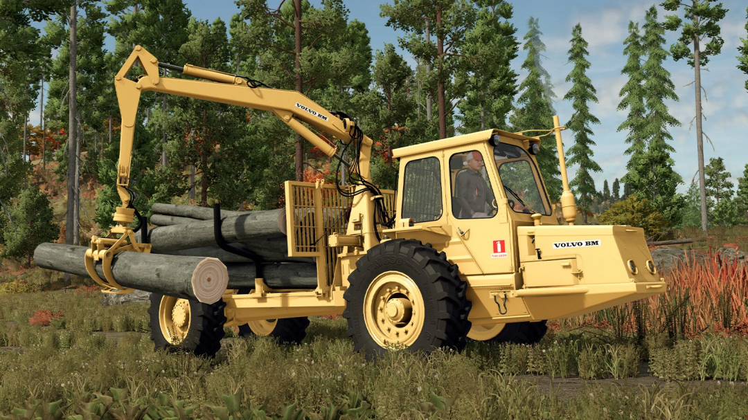 Volvo BM forestry vehicle in FS25 mod for transporting logs in a forest setting.