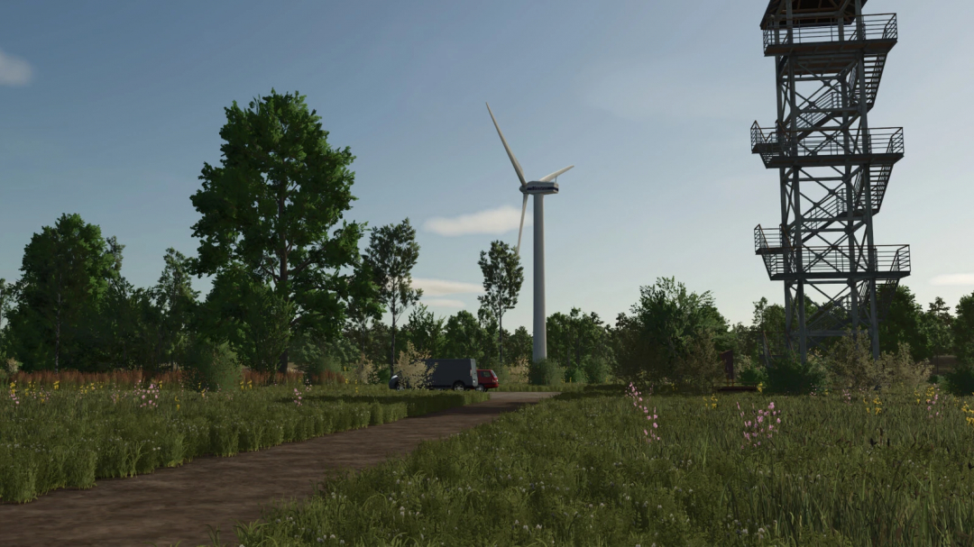 Windturbine Pack mod for FS25 showing a wind turbine and observation tower in a lush field.