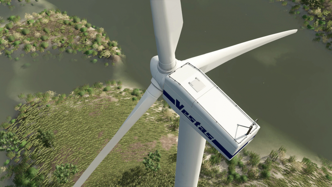 Wind turbine in the Windturbine Pack mod for FS25 overlooking landscape.