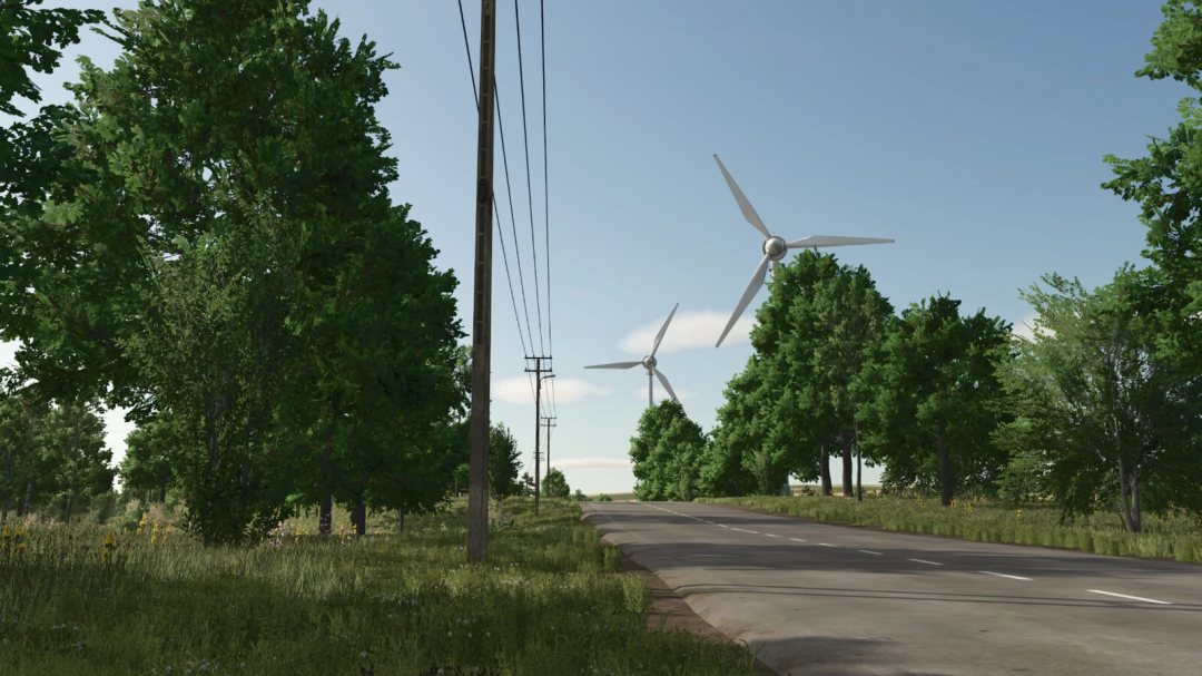 FS25 mods Windturbine Pack showing wind turbines along a tree-lined road.