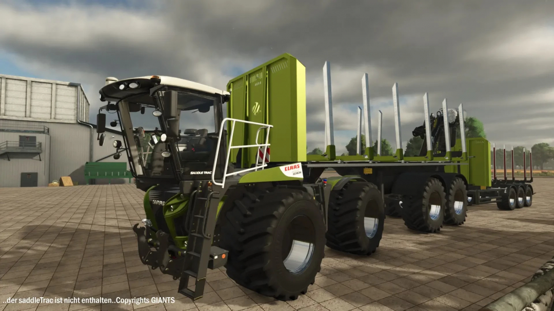 FS25 mod WoodShuttle Pack WobbyTec v1.0.0.0 showing a green tractor with a log transport trailer in Farming Simulator 25.