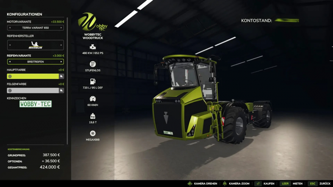 FS25 mod WoodShuttle Pack WobbyTec v1.0.0.0 shows a green tractor with configuration options in Farming Simulator 25.