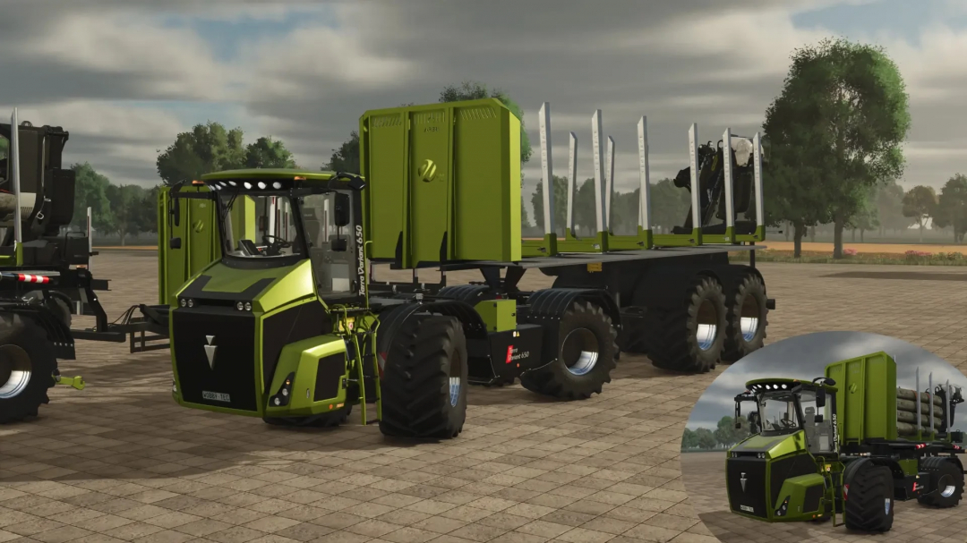 WoodShuttle Pack WobbyTec v1.0.0.0 in FS25, featuring a large green logging vehicle and trailer for Farming Simulator 25 mods.