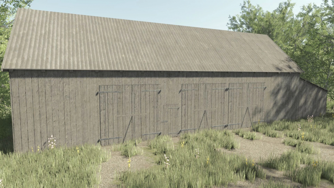 FS25 mods: Wooden barn in a grassy field from Farming Simulator 25 Wooden Barns Pack v1.0.0.0.