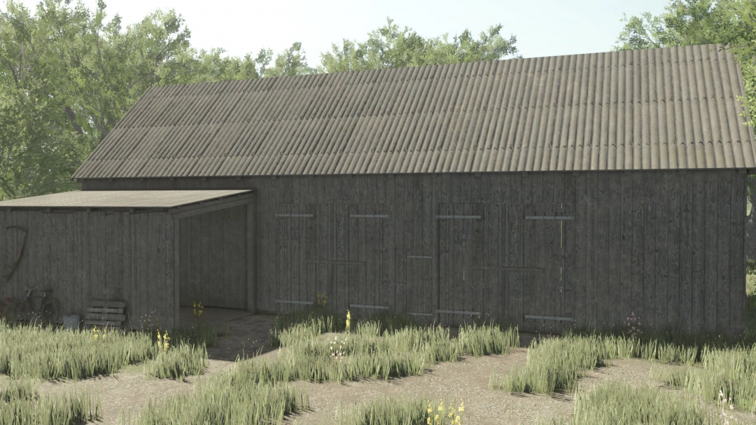 Wooden barn from FS25 mods Wooden Barns Pack v1.0.0.0, surrounded by grass and trees.