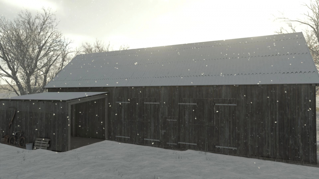 Wooden barn in snow from FS25 Wooden Barns Pack mod.