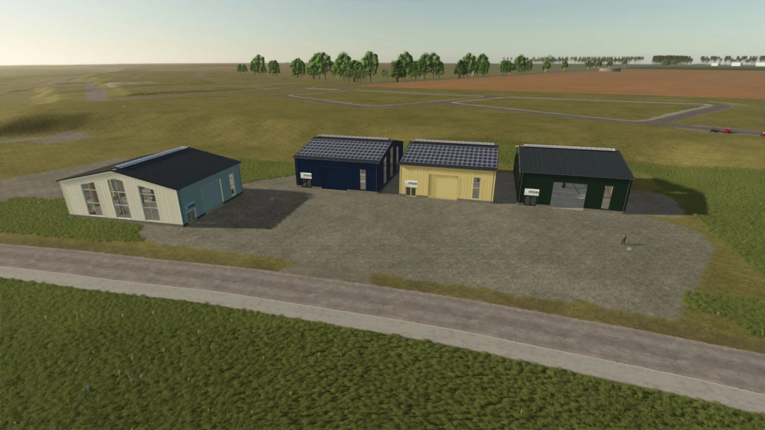 Four workshops with solar roofs in FS25 mod. Farming Simulator 25 mods showcase.