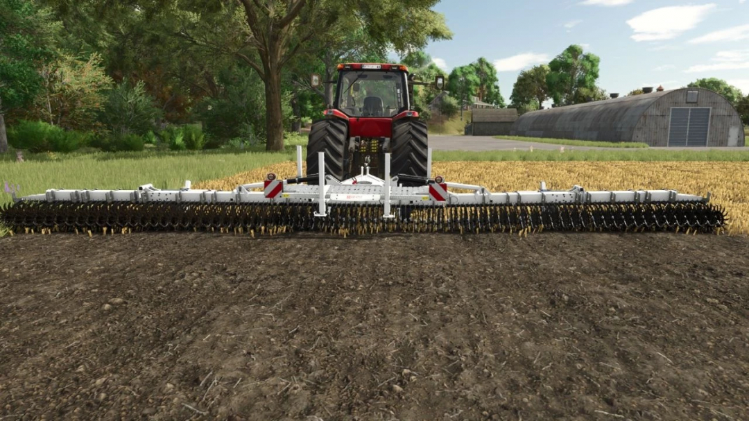 FS25 mod ?uro ?akovi? RotoCult 12.4M v1.0.0.0, a farm cultivator attached to a tractor in a field setting.