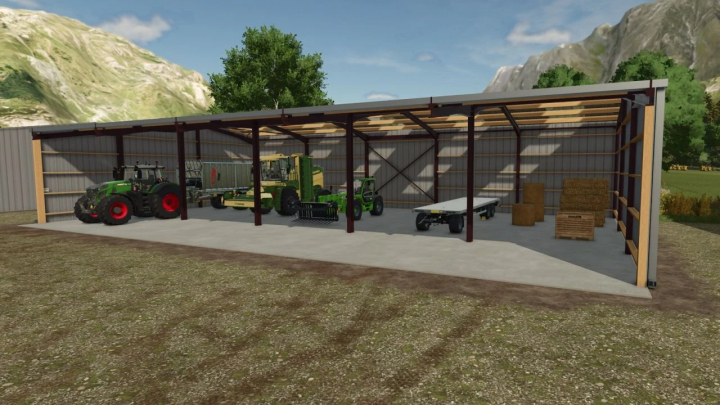 fs25-mods,  FS25 mod Agricultural Straw Shed v1.0.0.0 featuring stored farm equipment and hay bales in an open shed with a scenic mountain backdrop.