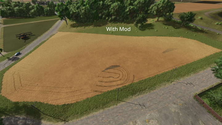 fs25-mods, Farming Simulator 25 mod 'Allow Mission Work On Finished Missions' showing a harvested field with road and trees.