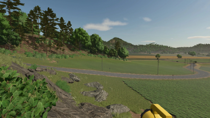 fs25-mods,  Lush farmland landscape in FS25 with Big Flashlight mod, featuring fields, trees, and clear skies.