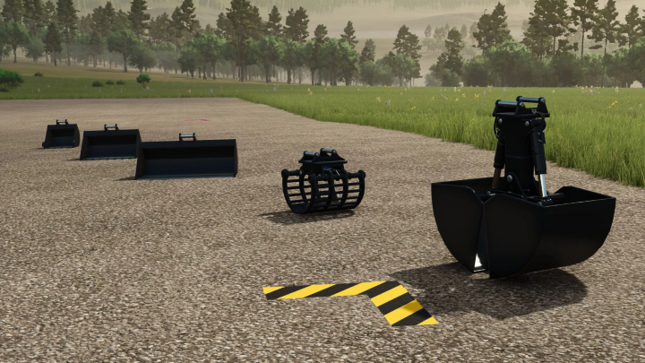 fs25-mods,  FS25 mods image showing Bucket Pack Black v1.0.0.0 with various black farming buckets on a field.