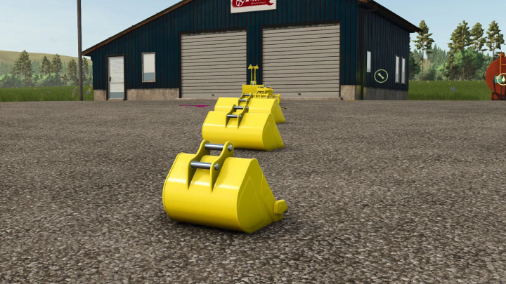 fs25-mods,  FS25 mods: Yellow buckets on pavement in front of a barn in Farming Simulator 25.