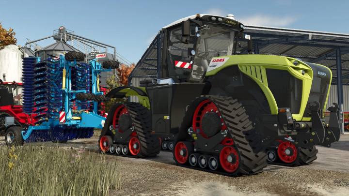 fs25-mods, CLAAS Xerion 4200-5000 mod in Farming Simulator 25. FS25 mods, powerful tractor with blue equipment.