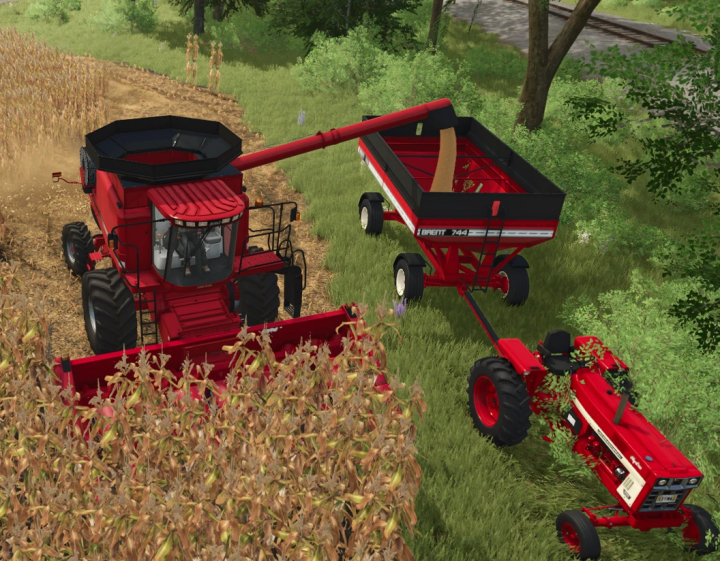 fs25-mods, CaseIH combine from 1998 to 2008 harvesting corn in FS25 mod with a red tractor and grain cart nearby.