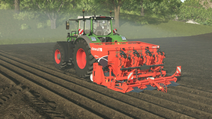 fs25-mods,  FS25 mod Certa 40 Integral v1.0.0.0 in action, showing a red seeder attached to a tractor on a farm field.