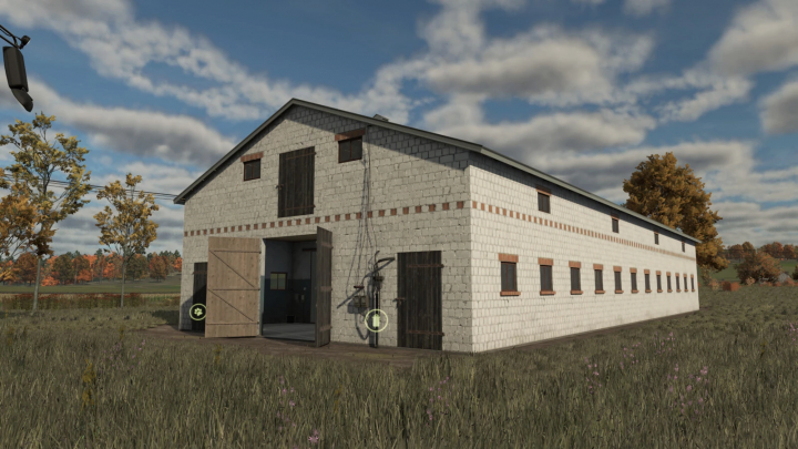 fs25-mods,  Cowshed mod for Farming Simulator 25, showing a large white barn with open doors in a grassy field.