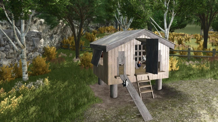 fs25-mods, Decorative chicken coop mod in FS25, featuring a wooden structure surrounded by lush greenery.