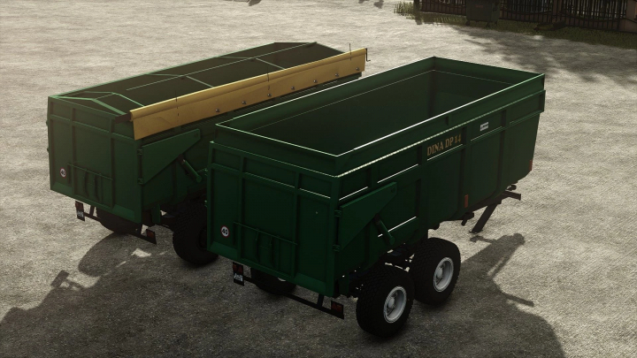 fs25-mods,  The Dinapolis DP 14 trailer mod in Farming Simulator 25, showcasing two green trailers on a farm.