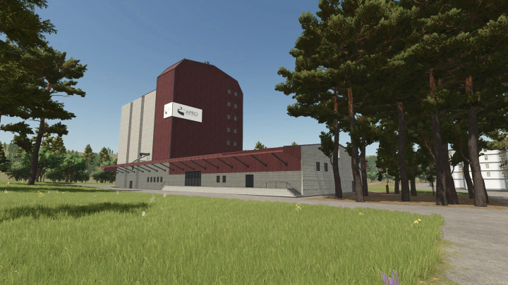 fs25-mods,  Erlengrat buildings pack mod for FS25 showing a red and gray industrial structure surrounded by trees.