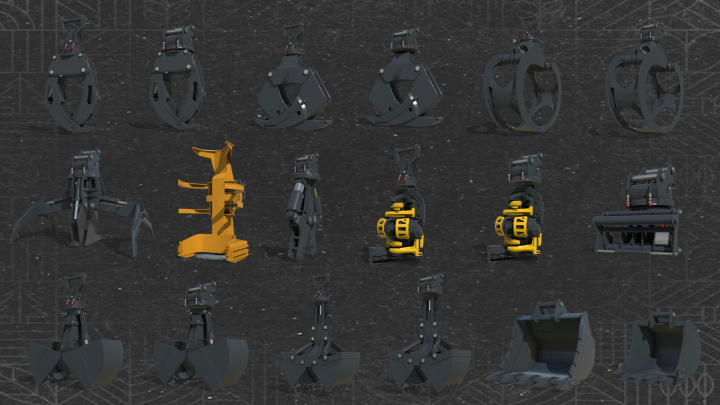 fs25-mods, Image of various excavator attachments for FS25 mods, including grabs, buckets, and claws, in Farming Simulator 25.