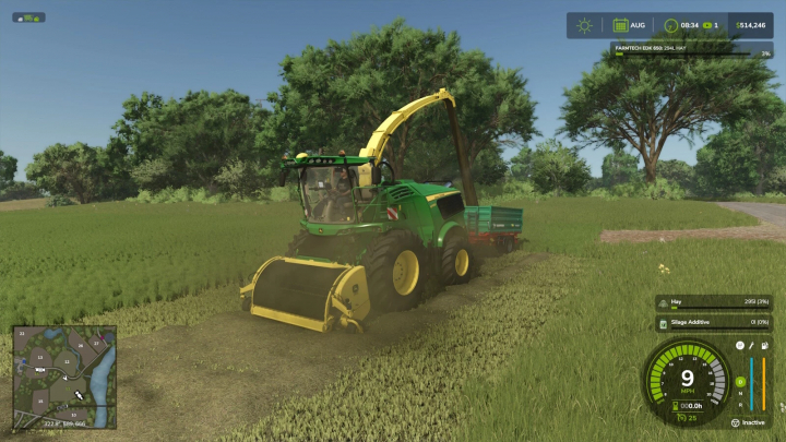 fs25-mods,  FS25 mod: Extended Forage Harvester Pickup v1.0.0.0 in action on a grassy field, showcasing farming equipment.