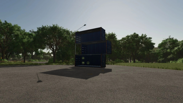 fs25-mods,  Stacked blue shipping containers in forest setting, Extra small storage mod for FS25.