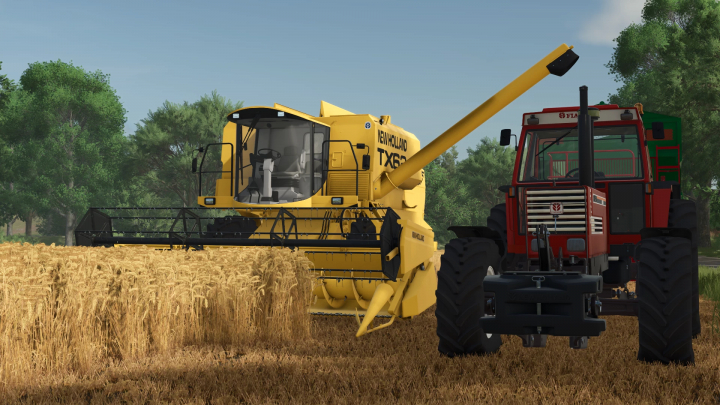 fs25-mods, FS25 New Holland TX62 harvester mod working in field, next to red tractor. Farming Simulator 25 mods enhance gameplay.