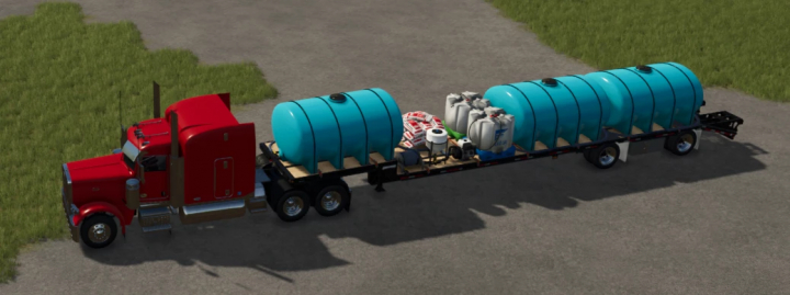 fs25-mods,  Farming Simulator 25 mod showing a sprayer trailer v1.0.0.0 with large blue tanks attached to a red truck.