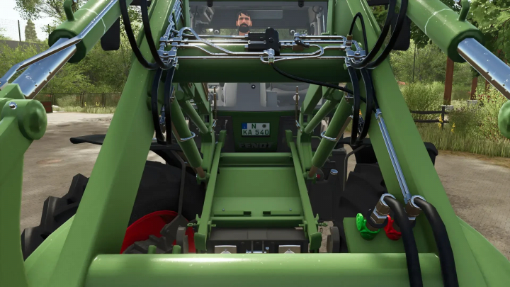 fs25-mods,  Fendt Implement Carrier in FS25 mod with green hydraulic arms, viewed from the rear.