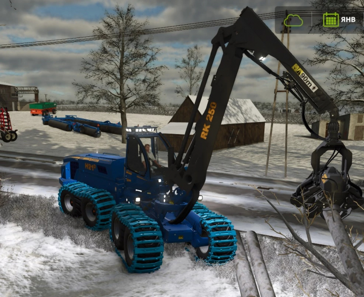 fs25-mods,  FS25 mod H21D v1.0.0.0 grappling logs in snowy farm setting.