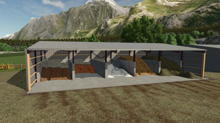 fs25-mods, FS25 mod displaying a large hangar with five bulk cells filled with different materials, set against a mountainous landscape.